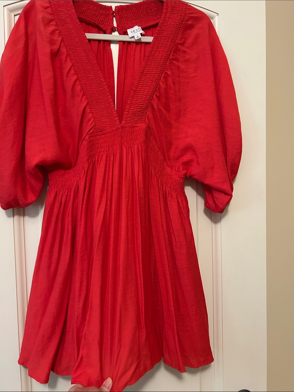Le Lis Red V-Neck Puff Sleeve Smocked Waist Dress Ready for Summer Brunch